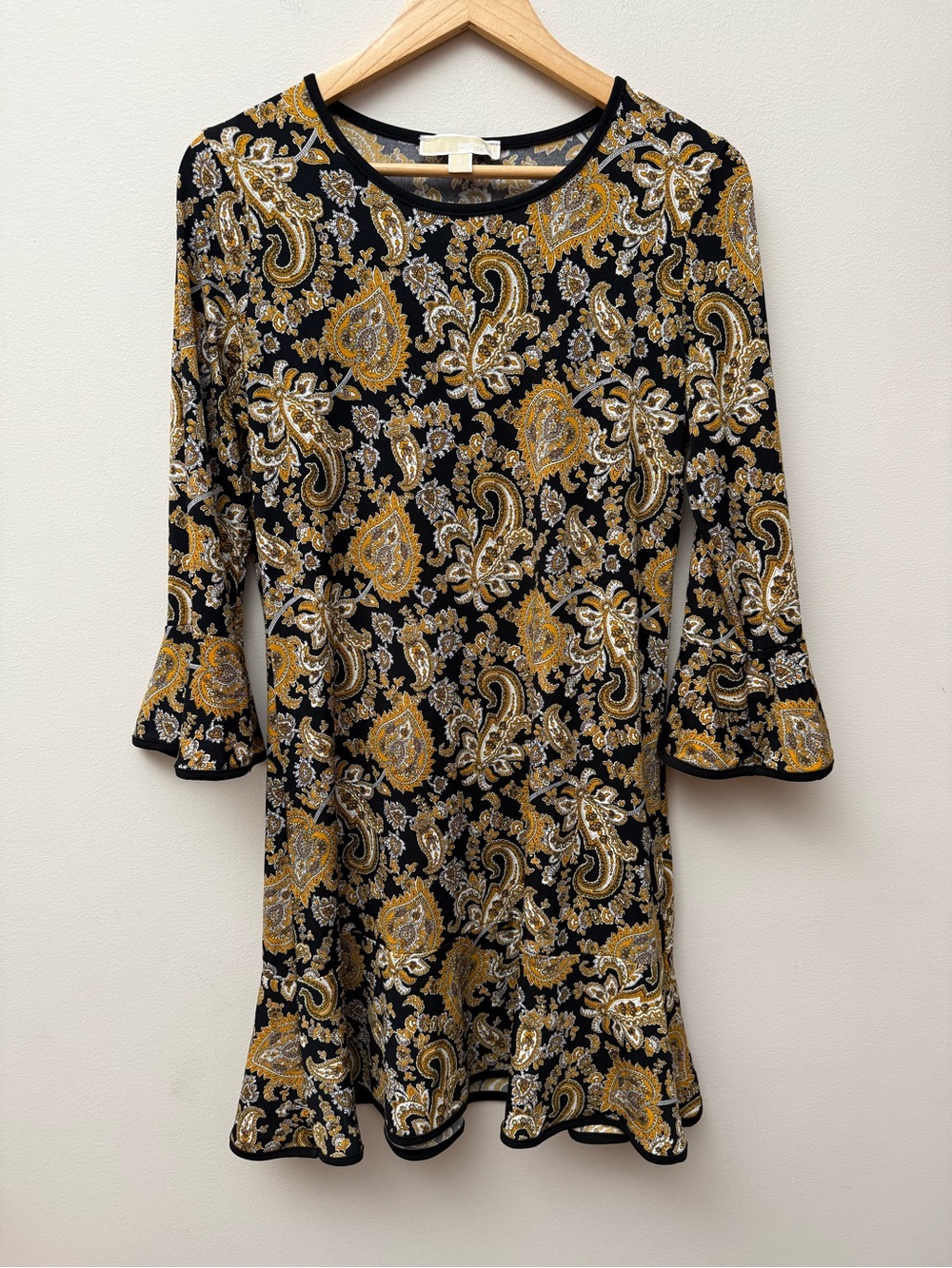 MICHAEL Michael Kors Black and Gold Paisley Long-Sleeve A-Line Dress